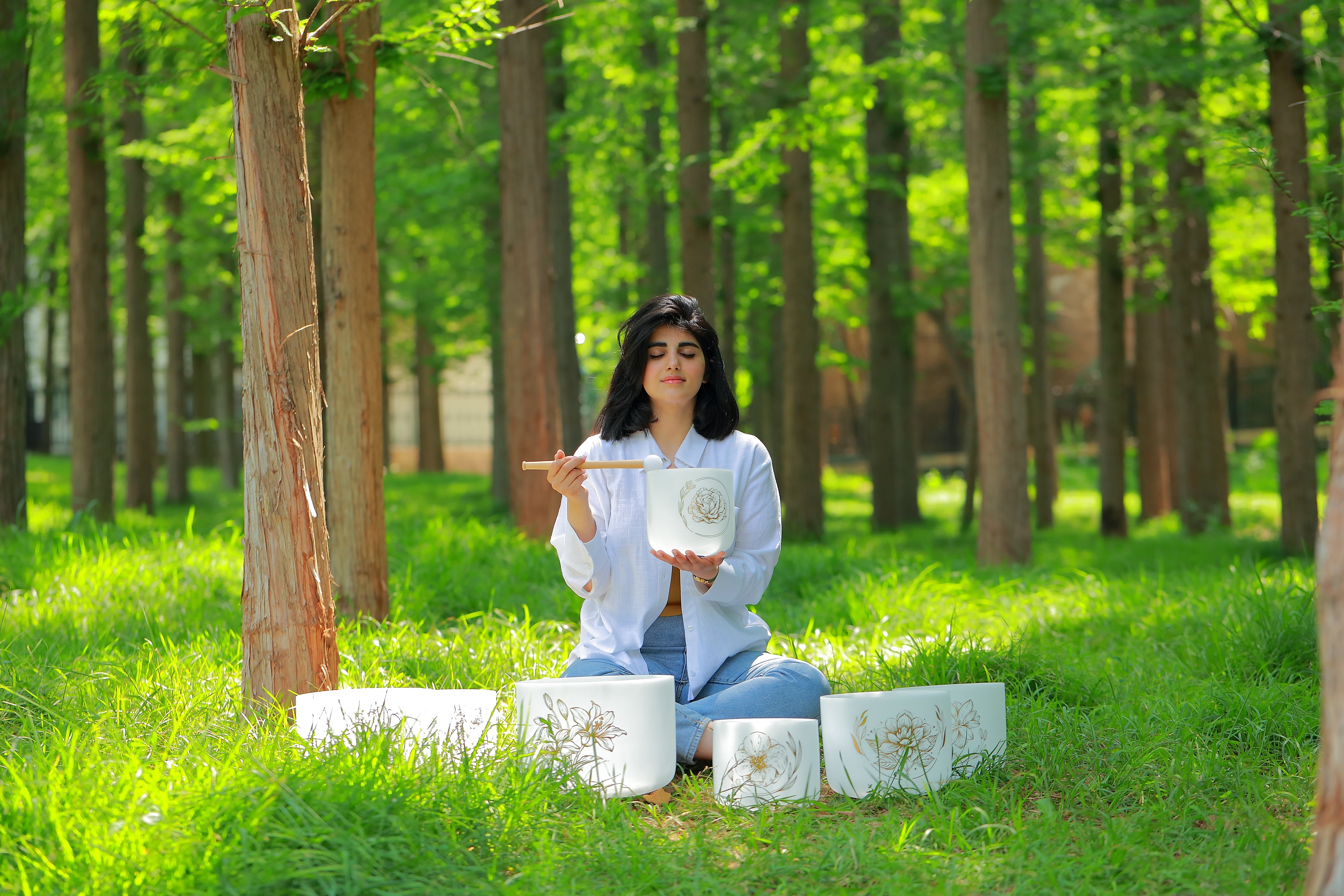 TOPFUND Golden Floral Patterns Chakra Set of 7 Crystal Singing Bowls 8-14 inch - TOPFUND Crystal Singing Bowl